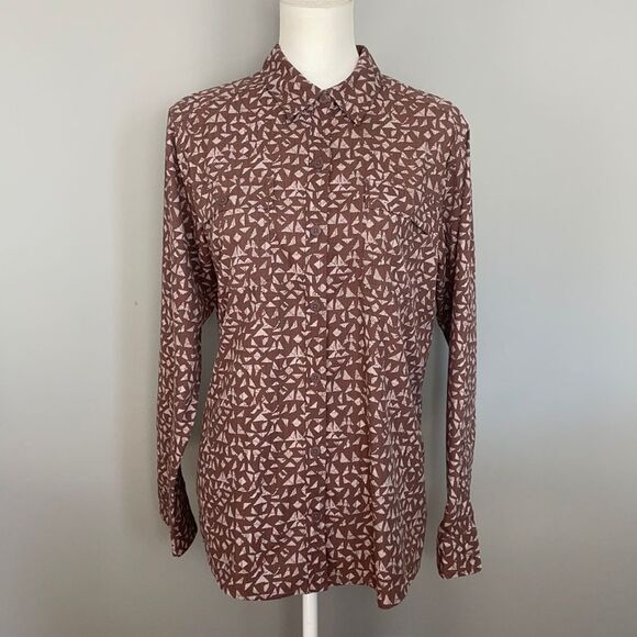 REI Long Sleeve Button Down Brown Shirt With Geometric Pattern. Size Large. - Picture 1 of 12